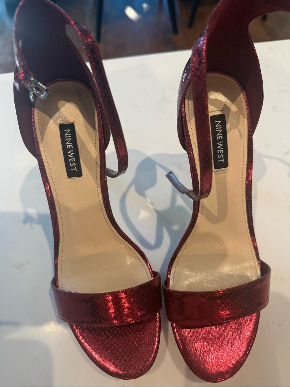 Nine West Metallic Red Open-Toe Ankle Strap HeelsNWOT